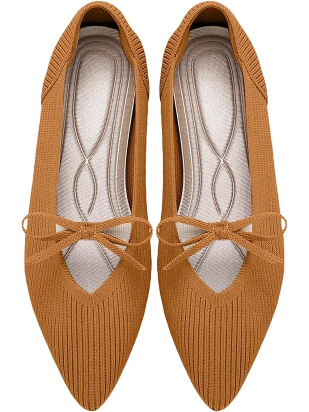 Women's Brown Pointed Toe Knit Ballet Flats Comfortable Pull On Casual Shoes